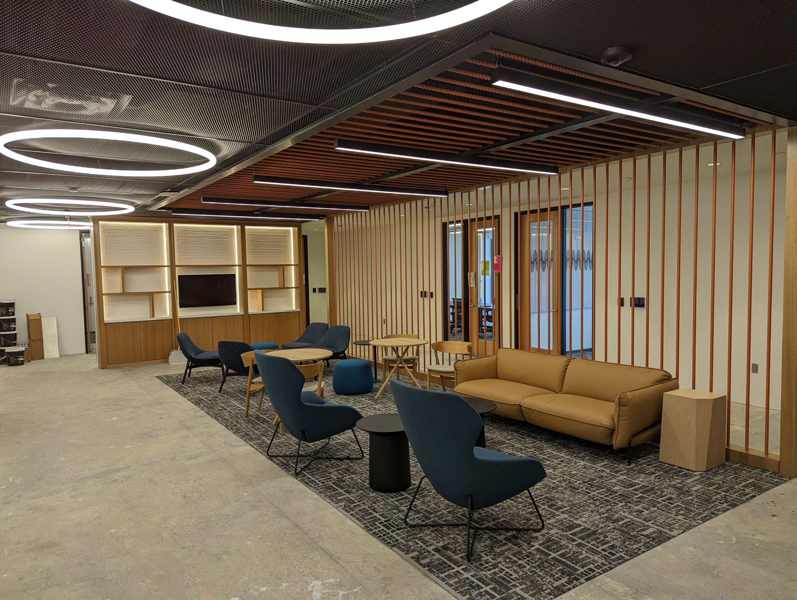 Microsoft Office lobby with blue chairs and tan sofas